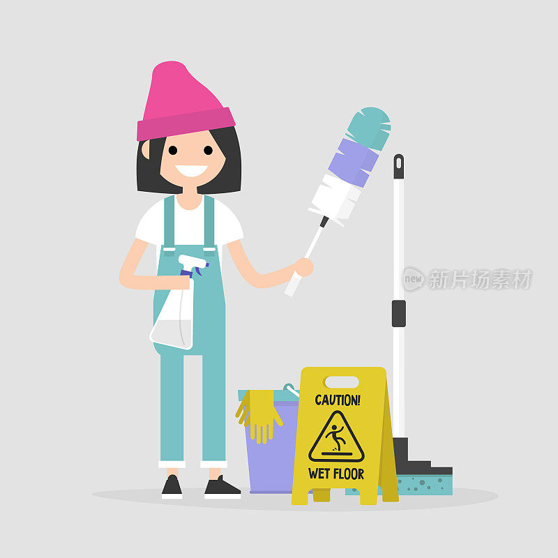 打扫公寓，概念插图。年轻的女性角色持有清洁工具:一个鸡毛掸子和清洁喷雾/平面可编辑矢量插图，剪辑艺术